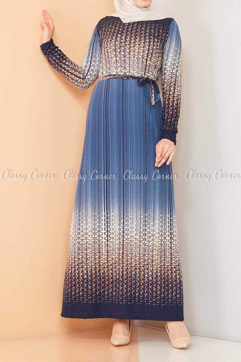 Abstract Pattern Blue Modest Long Dress - full front view