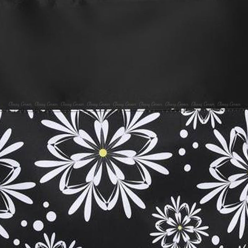 Black and White Floral Print Black Beach Bag