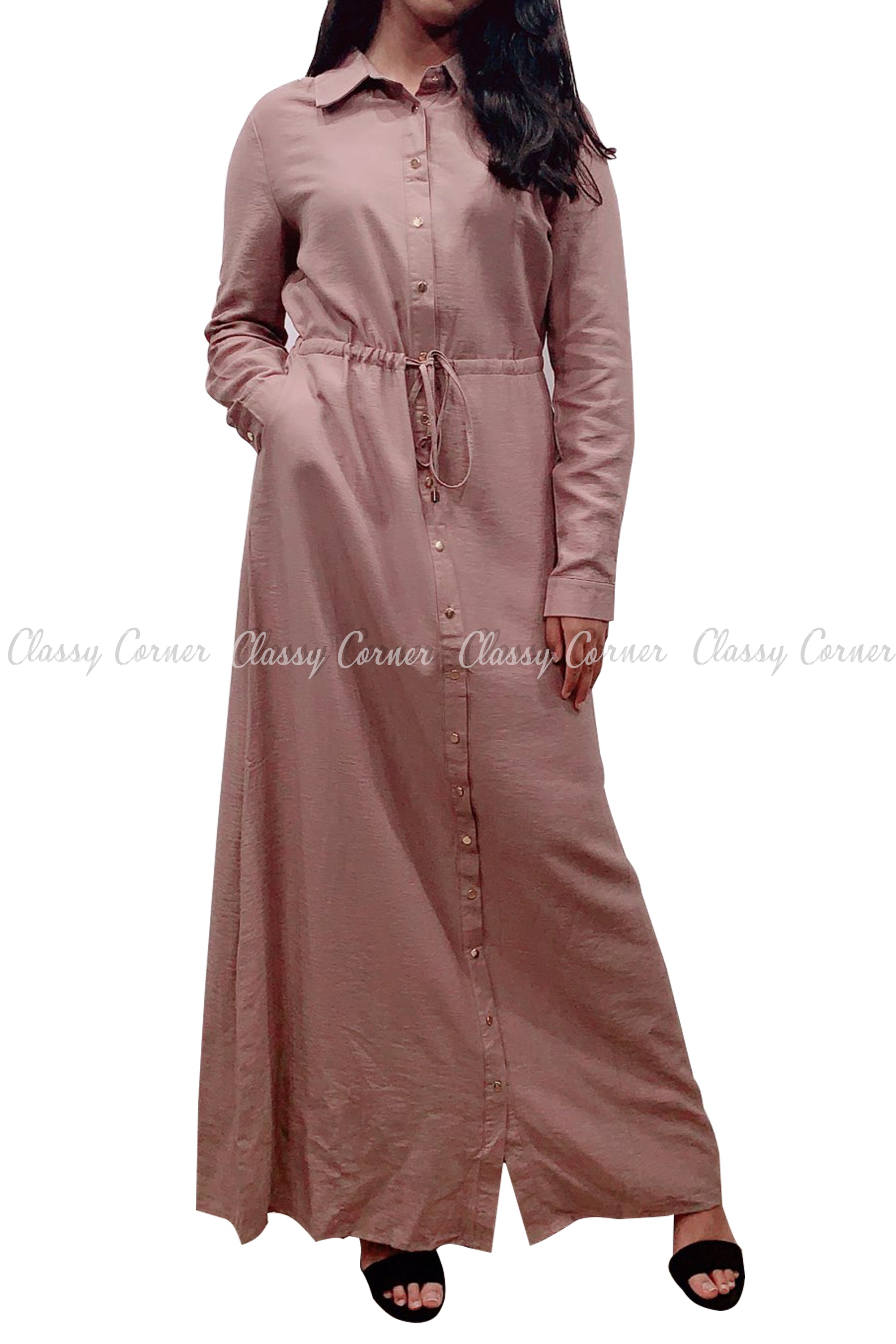Button Down Dark Dusty Beige Modest Long Dress - full front view
