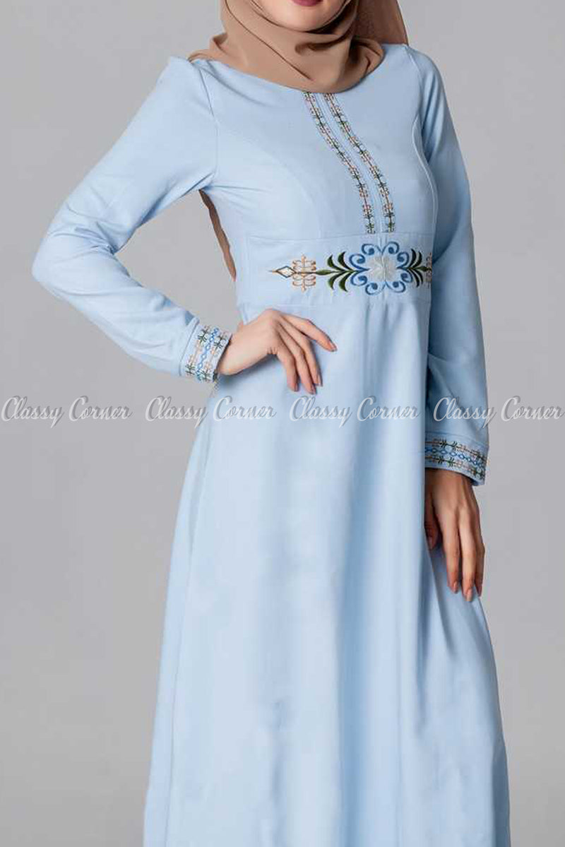 Elegant Embroidery Design Blue Modest Long Dress - full front view