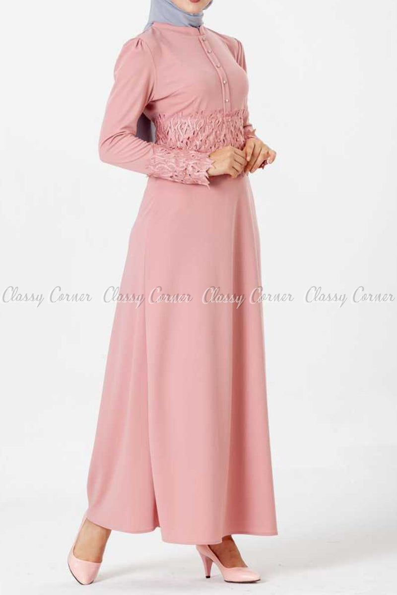 Embroidery Patch and Pearl Beads Pink Modest Long Dress - left side details