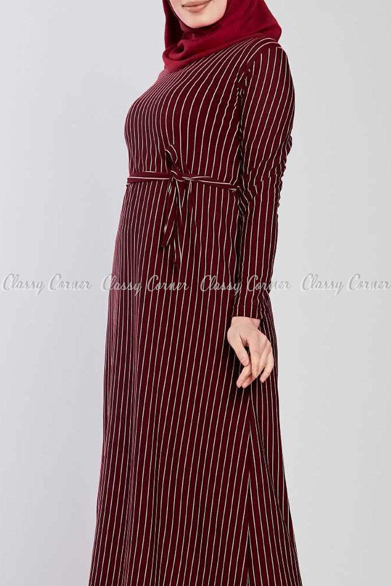Fine Stripes Prints Red Modest Long Dress - full front view