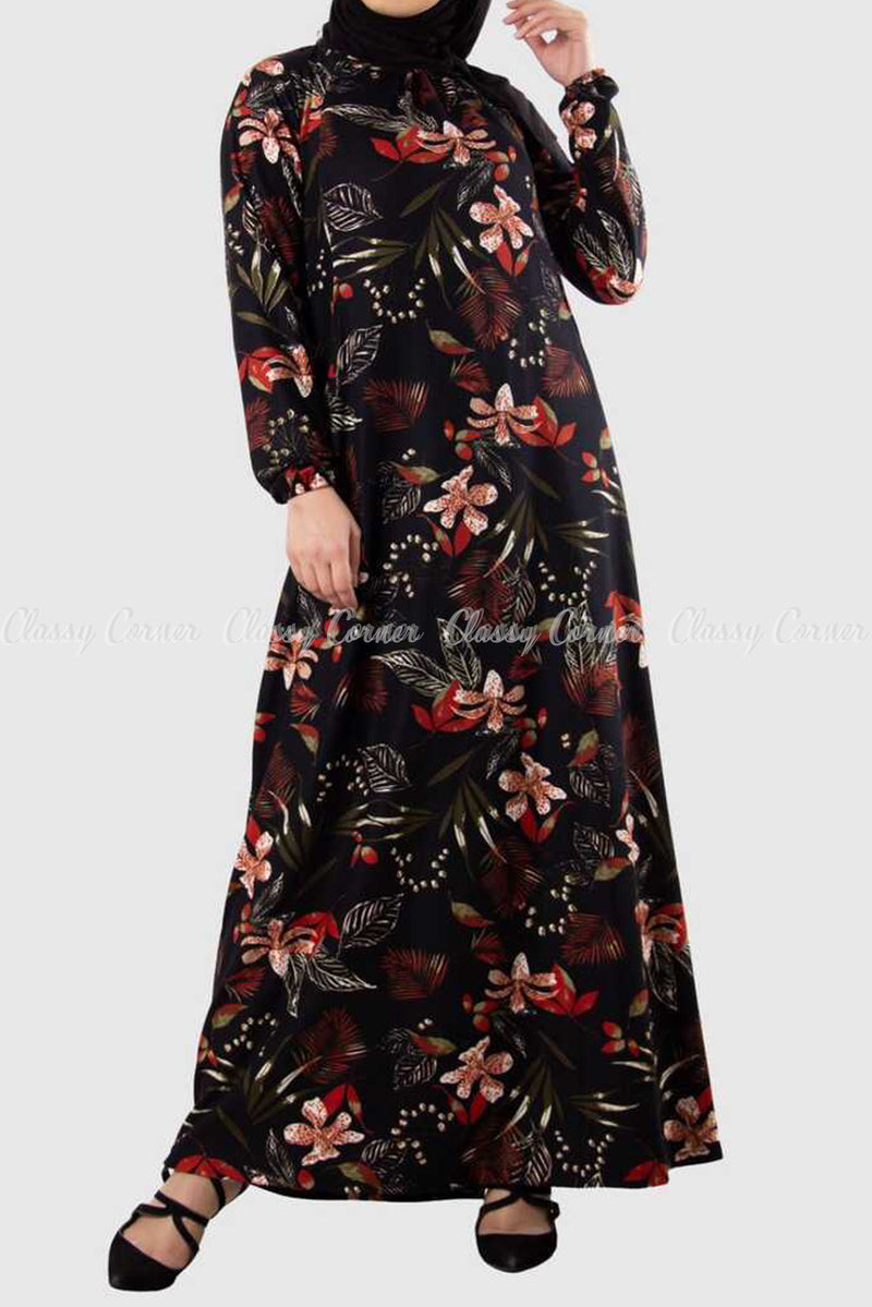 Hawaiian Floral Print Black Modest Long Dress Front View