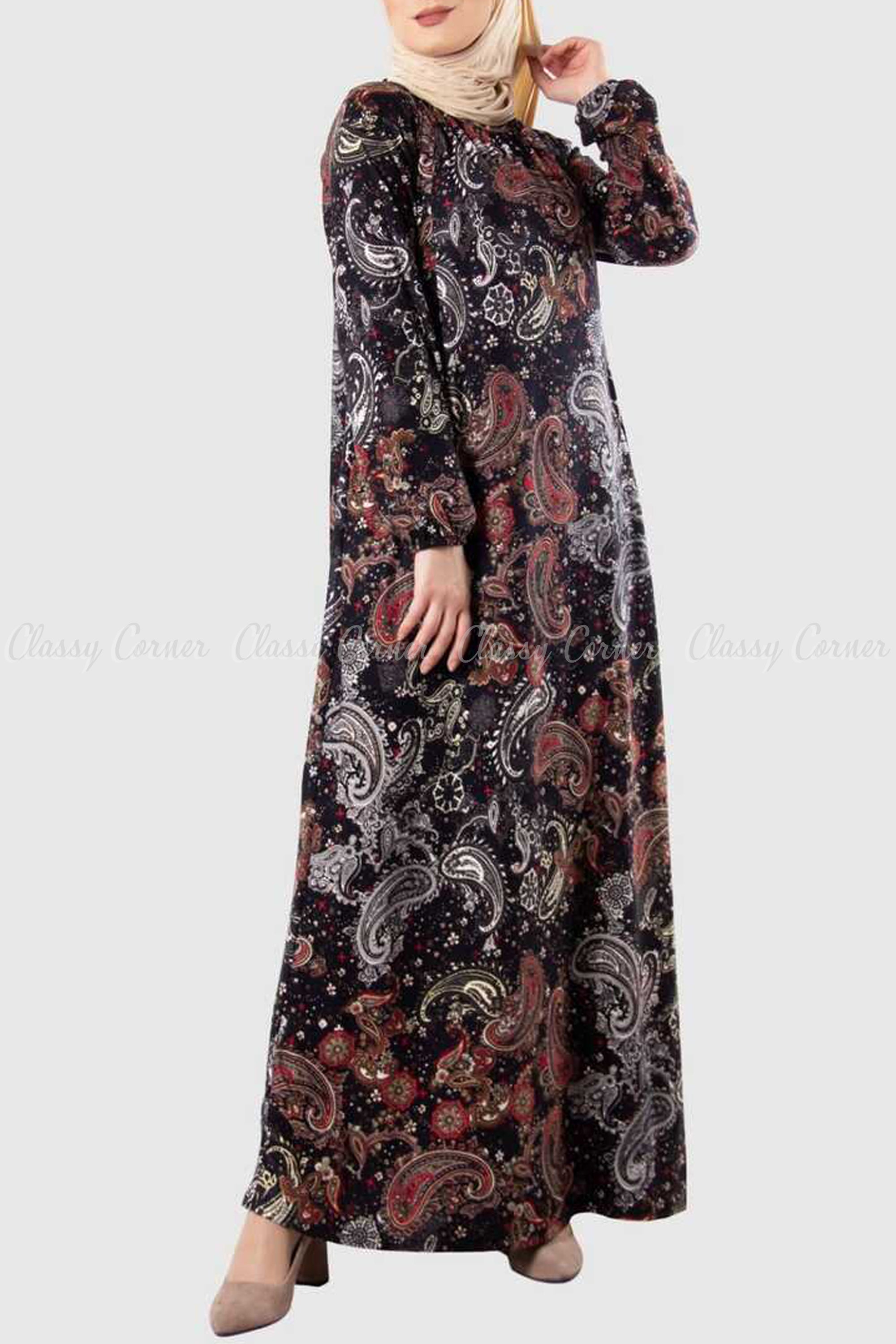 Multicolour Floral Mandala Print Black Modest Long Dress