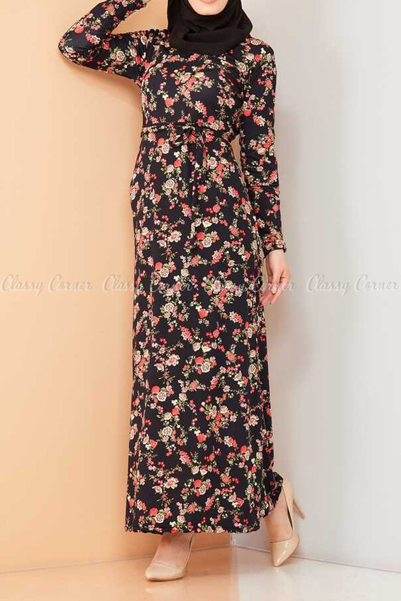 Multicolour Rose Print Black Modest Long Dress - front view