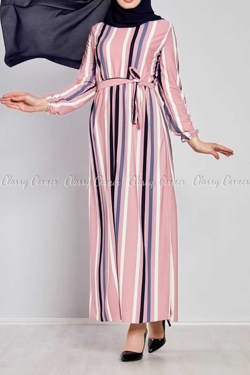 Multicolour Stripe Prints Pink Modest Long  Dress - full front view