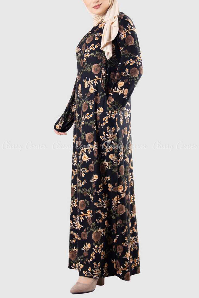 Neutral Multicolour Floral Print Modest Long Dress
