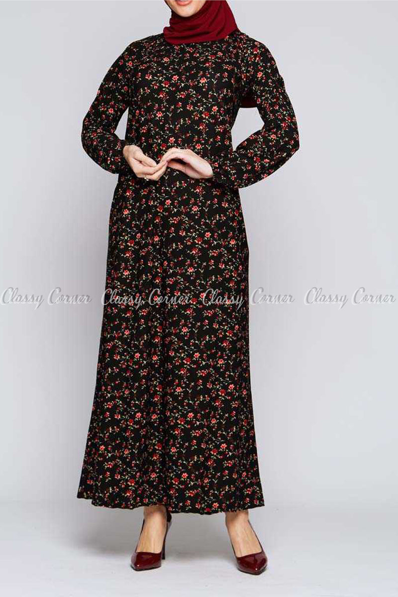 Red Fine Flower Print Black Modest Long Dress - full front view