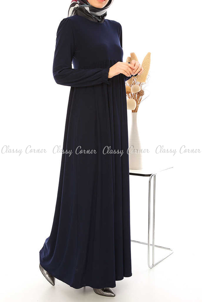 Ruffled Long Sleeves Navy Blue Modest Long Dress - full front view