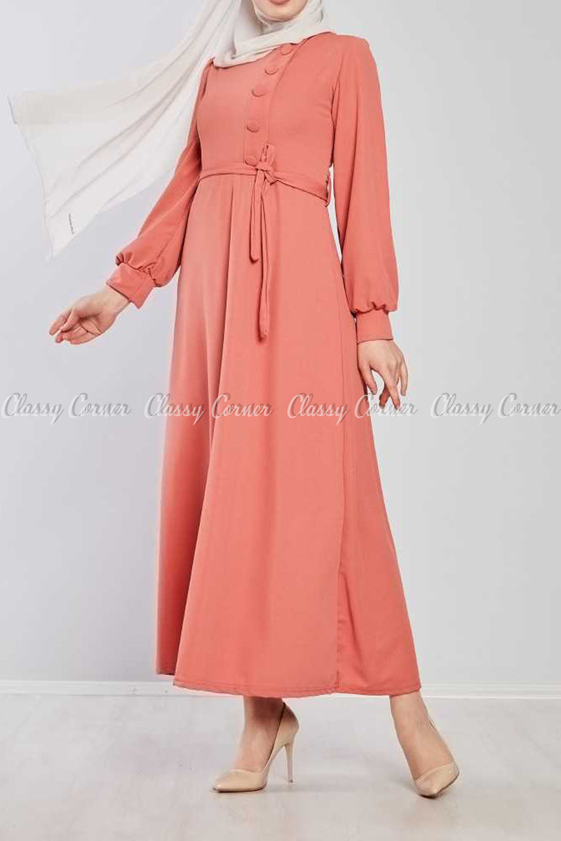 Side Button Style Peach Modest Long  Dress - full front view
