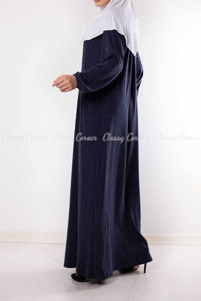 Straight Cut Navy Blue Modest Long Dress - front view