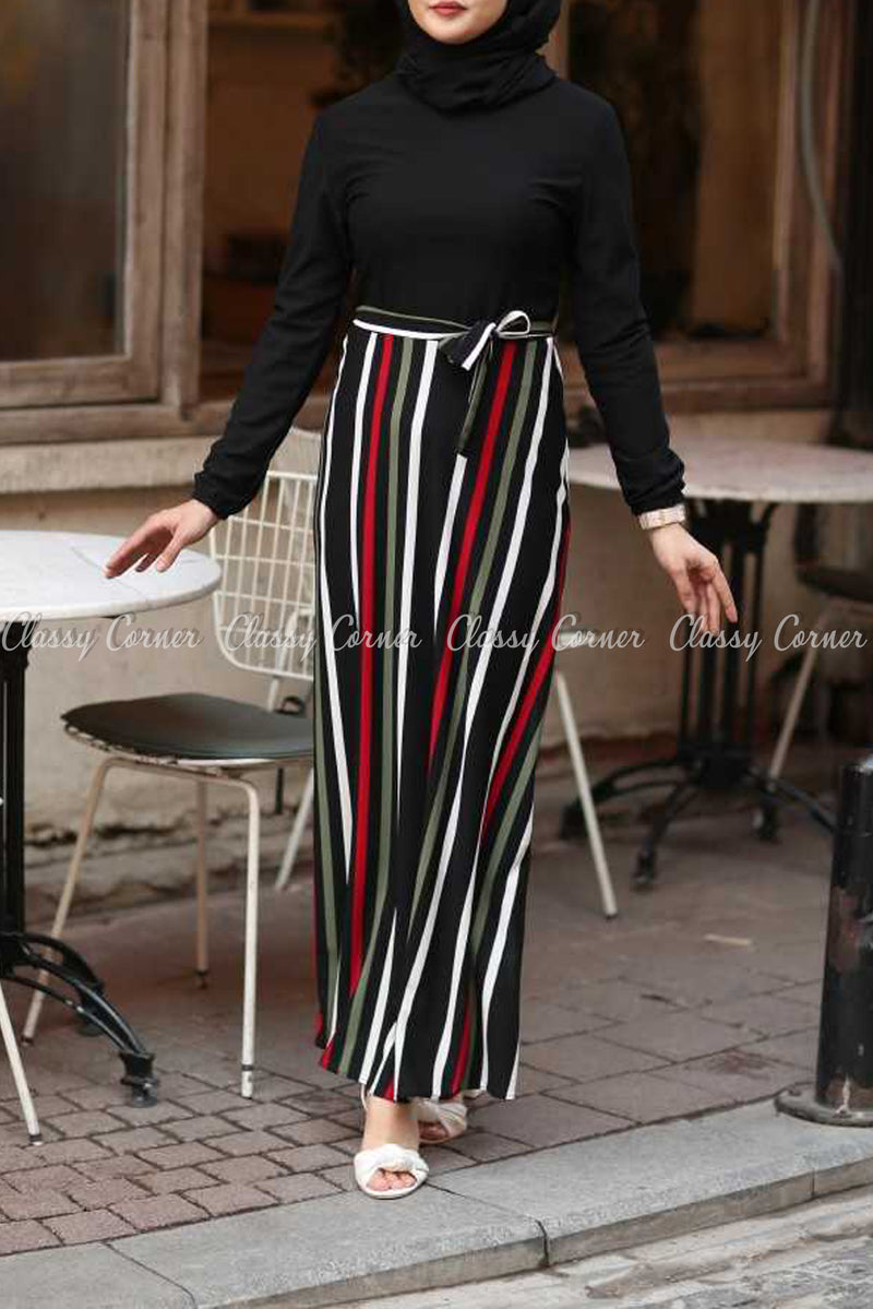 Stripe Pattern Black Modest Long Dress - full front view
