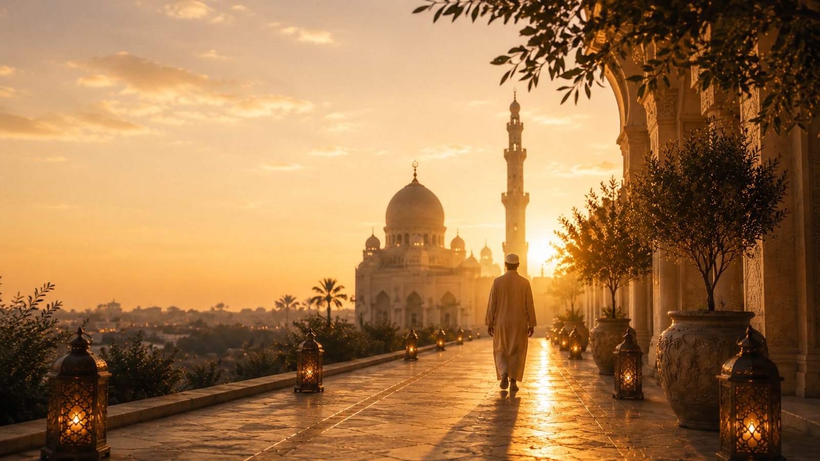 Golden Islamic mosque courtyard at sunset with lanterns and a person walking toward the mosque during Dhul Hijjah reflection