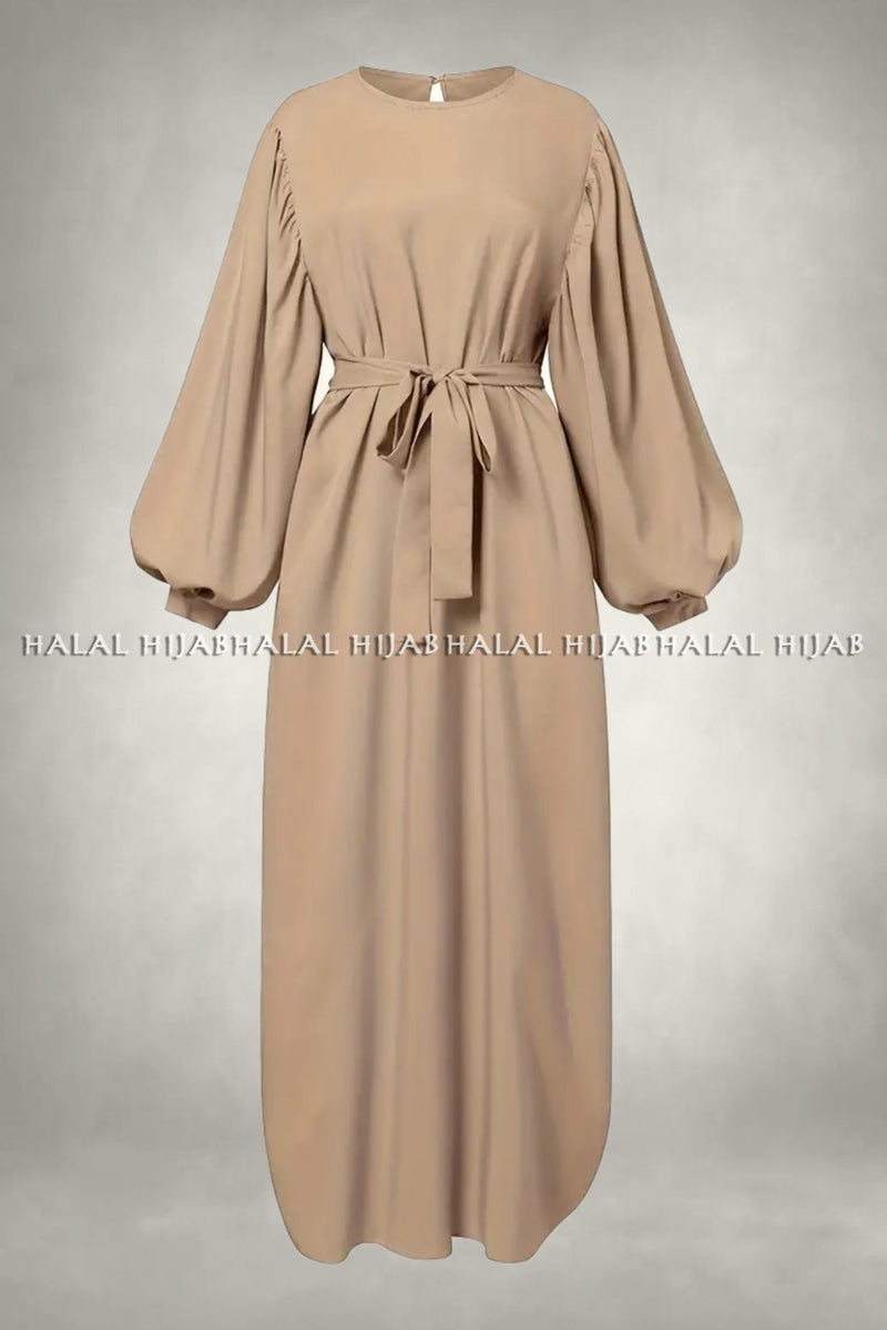Plain Beige Long Sleeve Belted Abaya