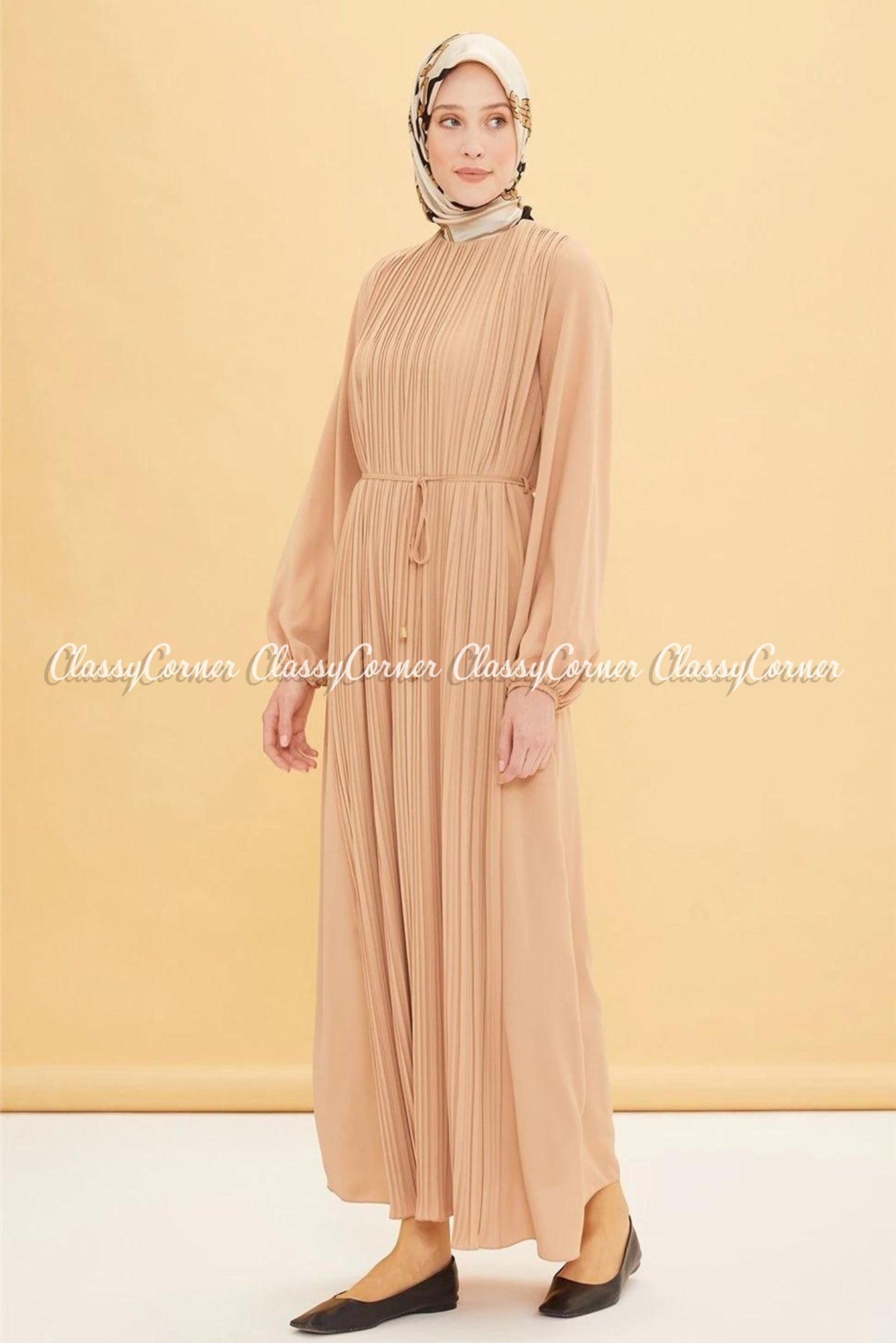 Modest Full Sleeve Pleated Front Dress