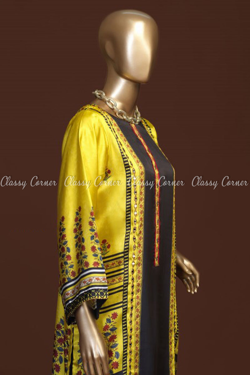 Classic Floral Design Yellow and Black Silk Kurti