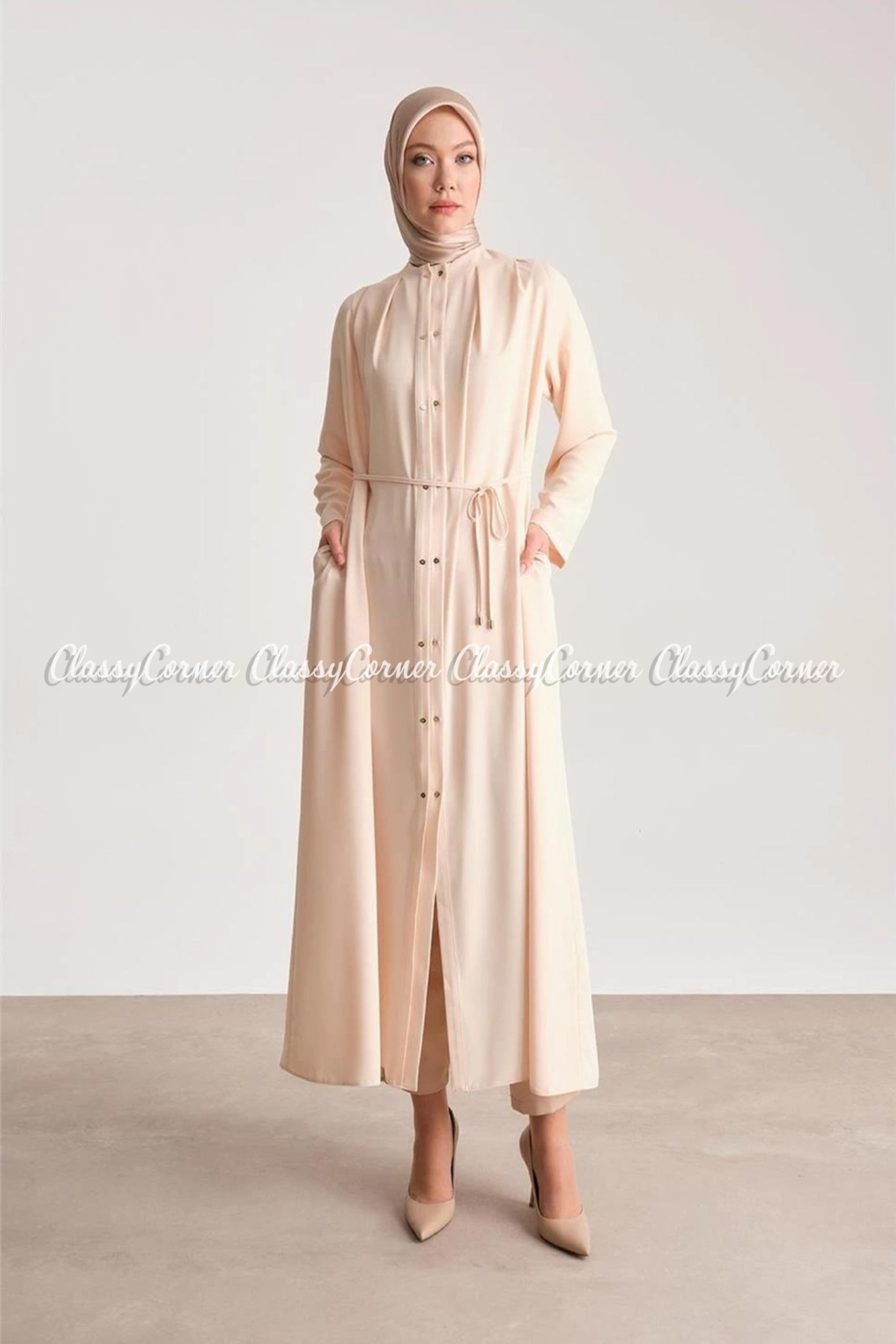 Cream White Double Buttoned Pleated Abaya