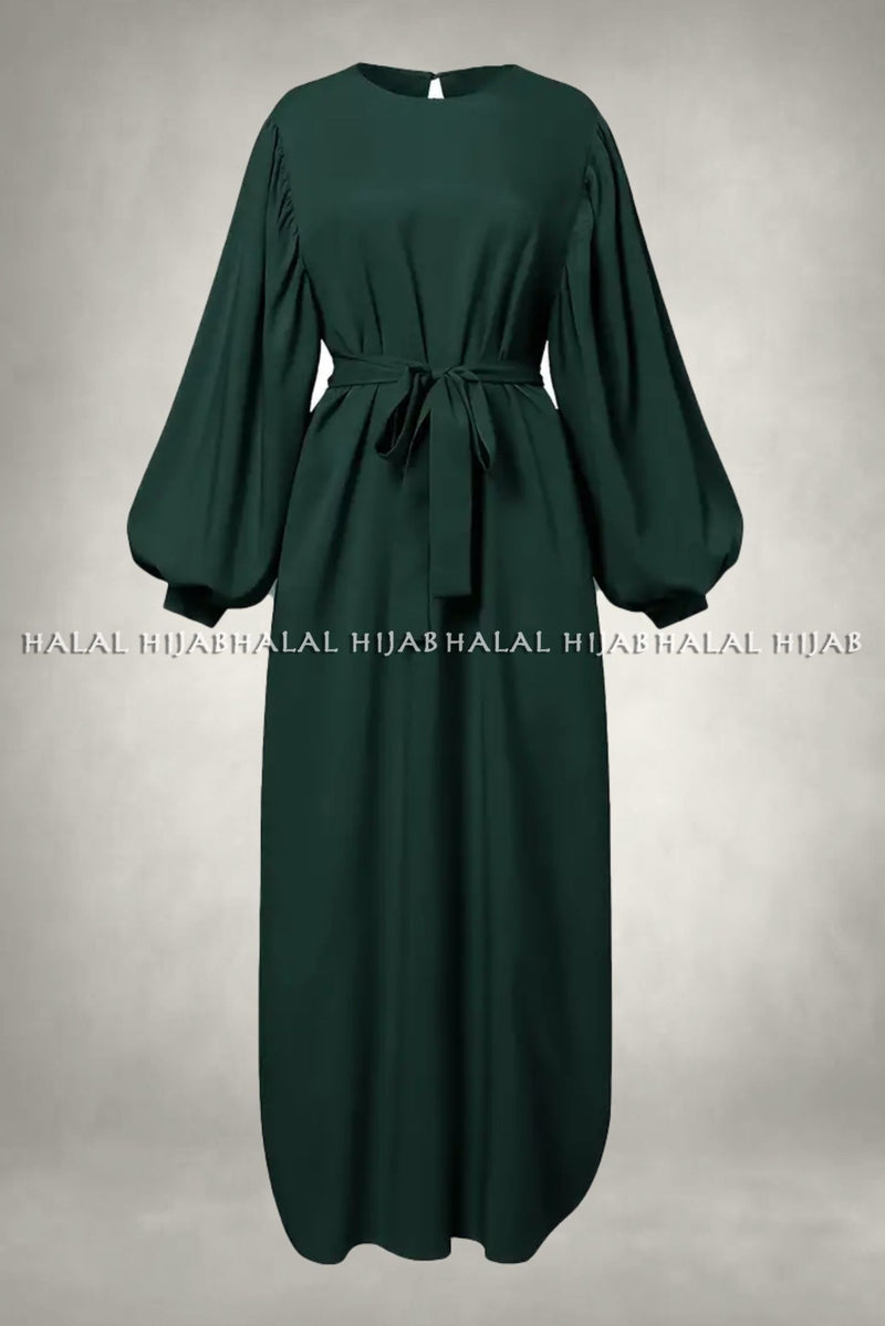 Plain Green Long Sleeve Belted Abaya