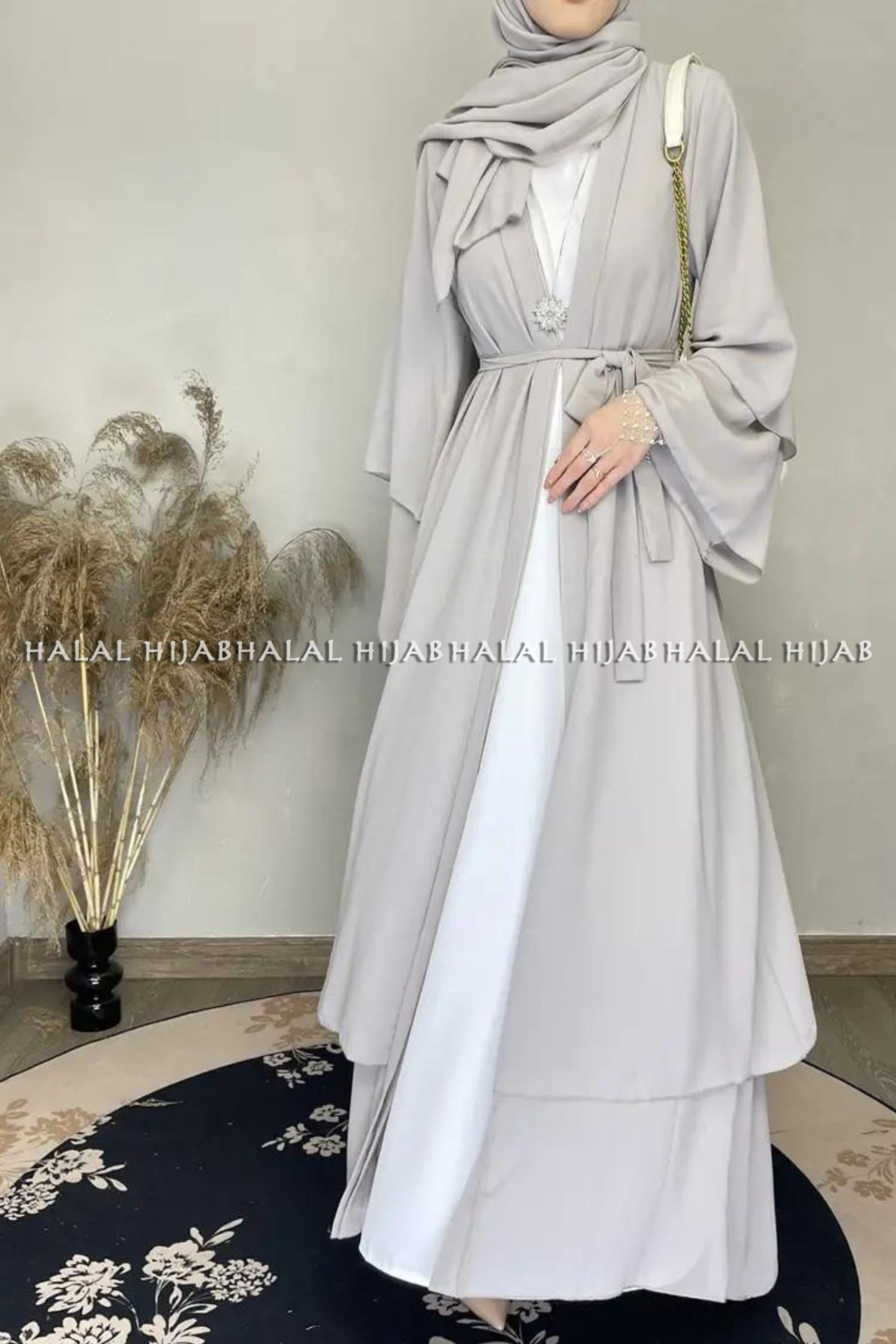 Plain Light Grey Long Sleeve Open Front Abaya