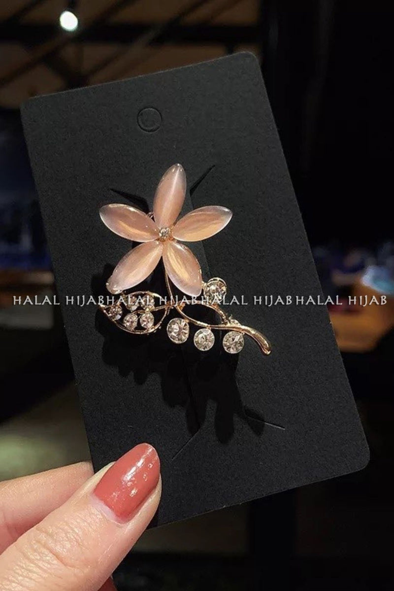 Peach Silver Flower Design Hijab Brooch