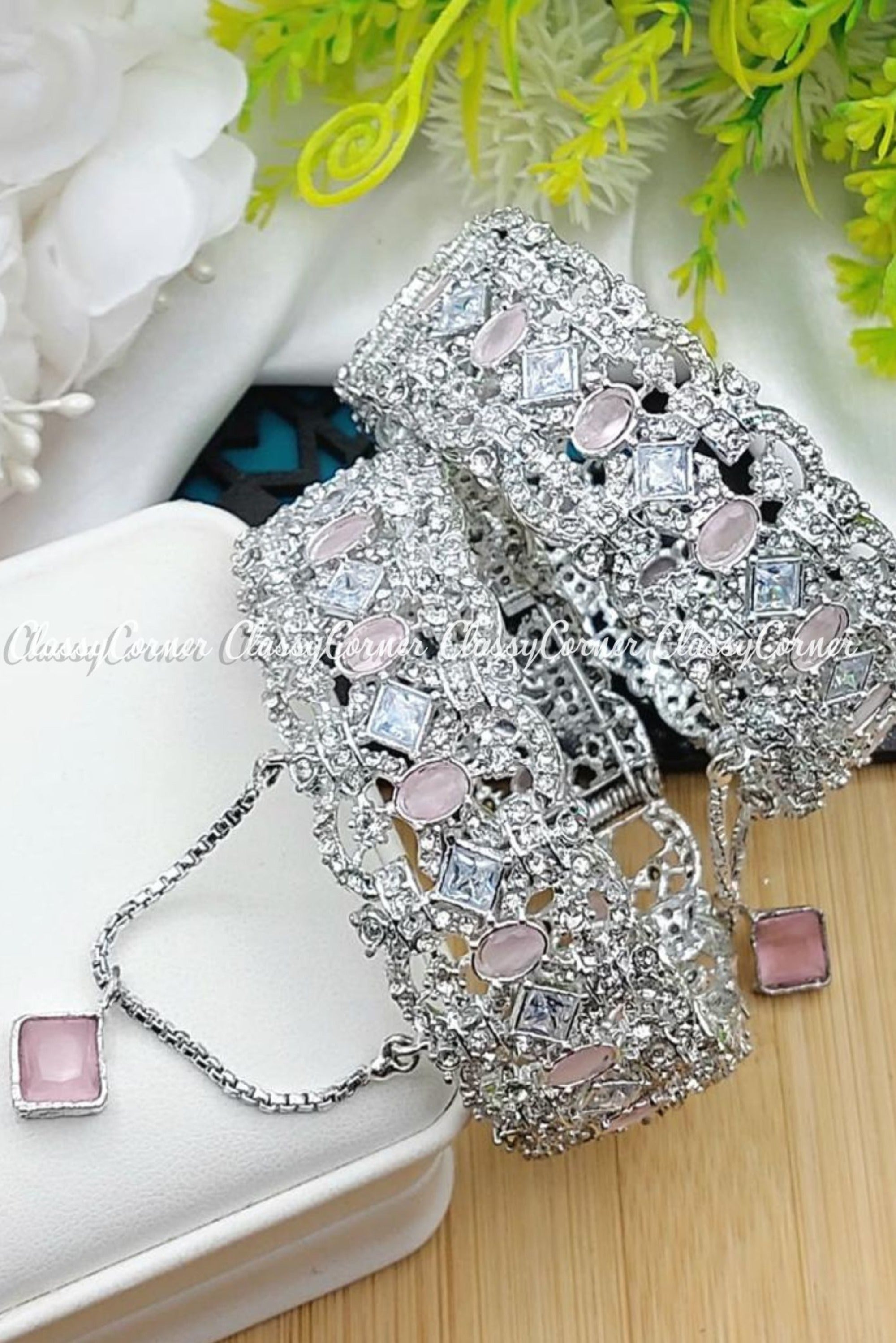 Elegant Silver Pink Stone Party Wear Bangle Set