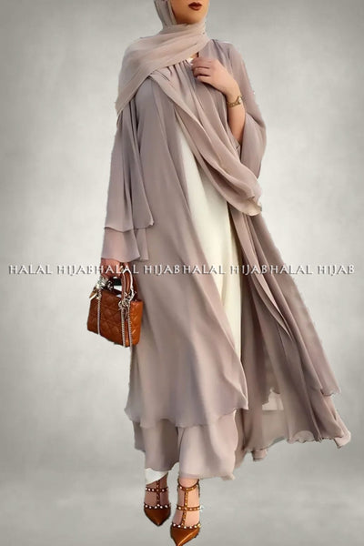 Plain Beige Long Sleeve Open Front Abaya