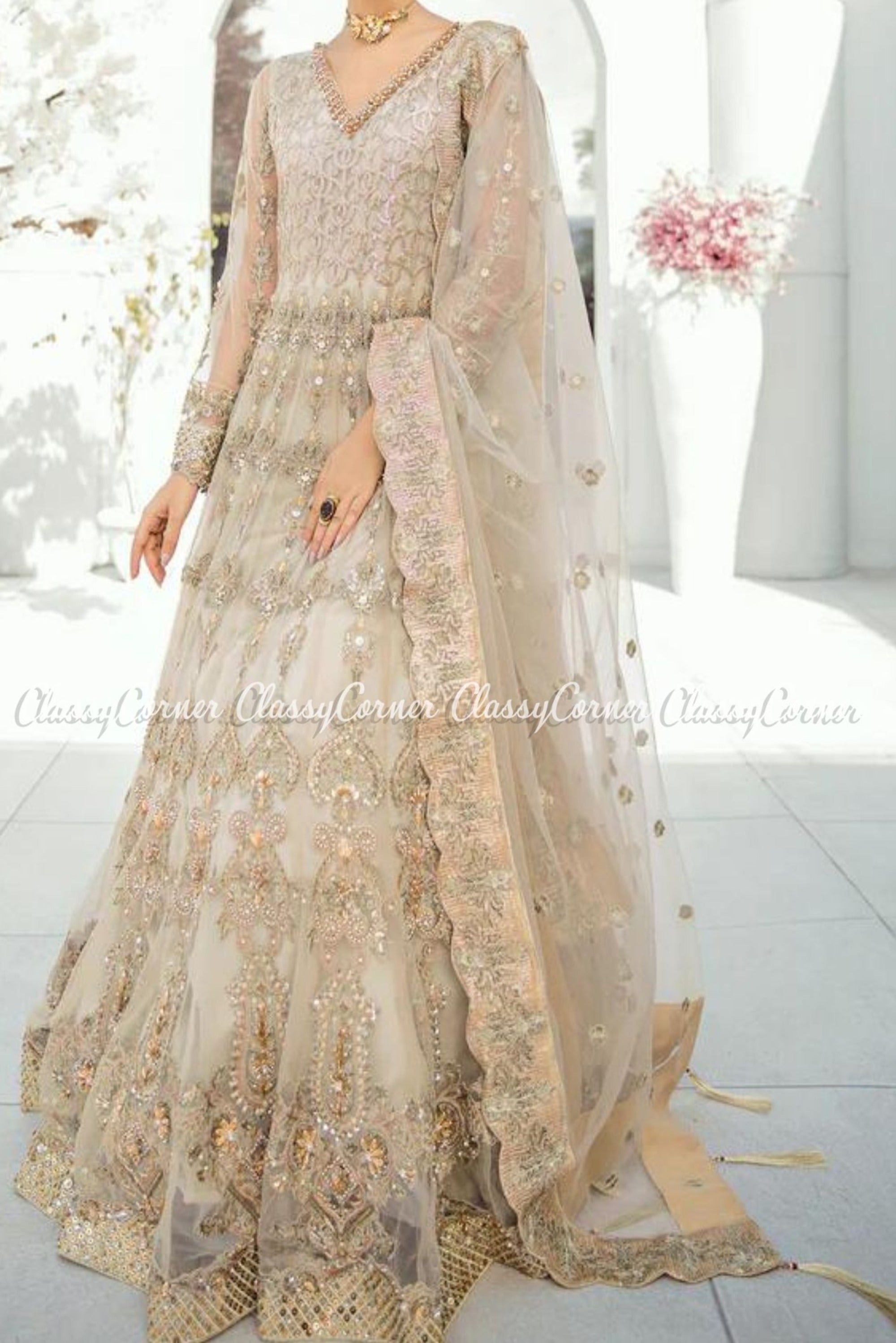 Beige Cream Pakistani Formal Party Gown