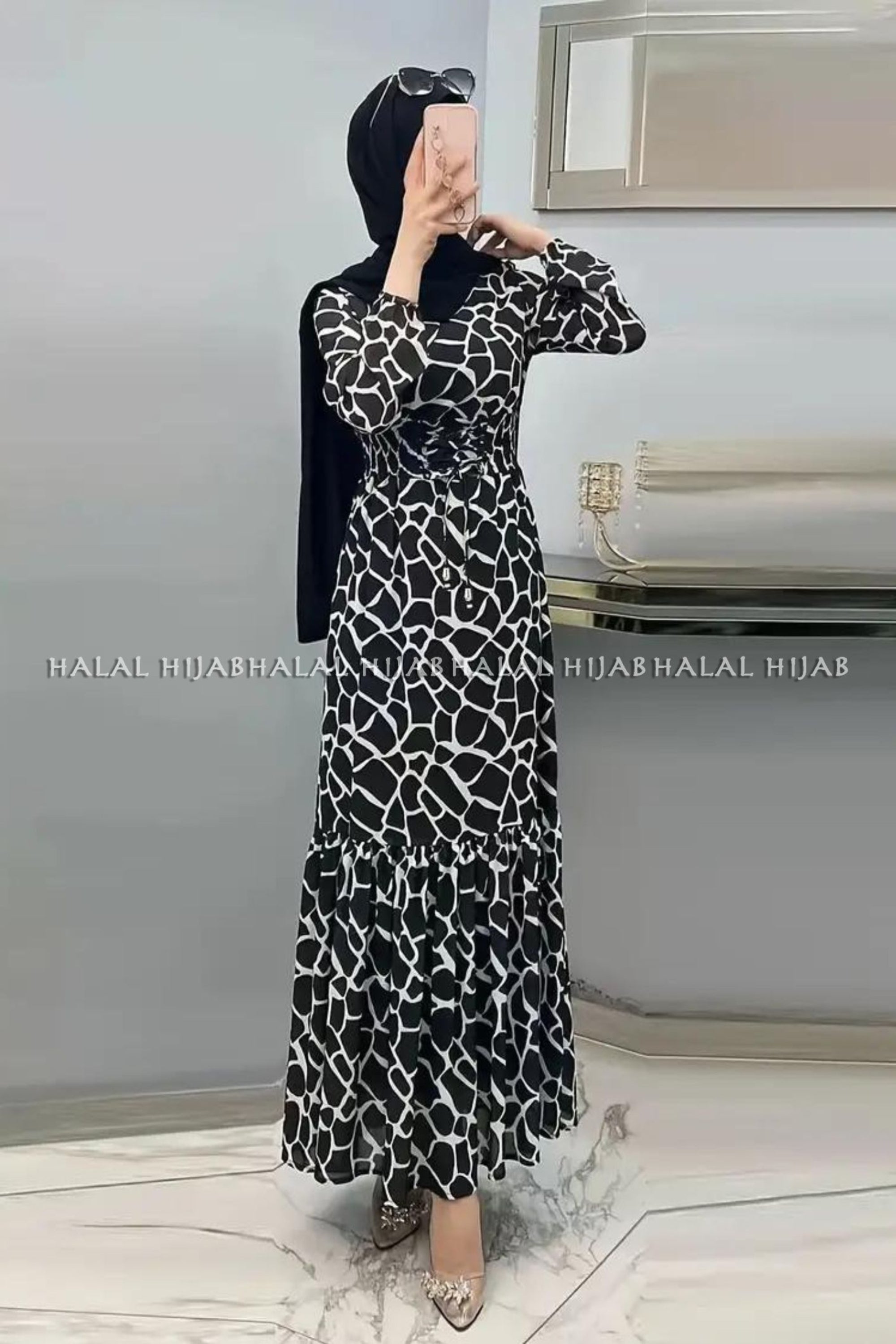 Black All Over Printed Long Dress