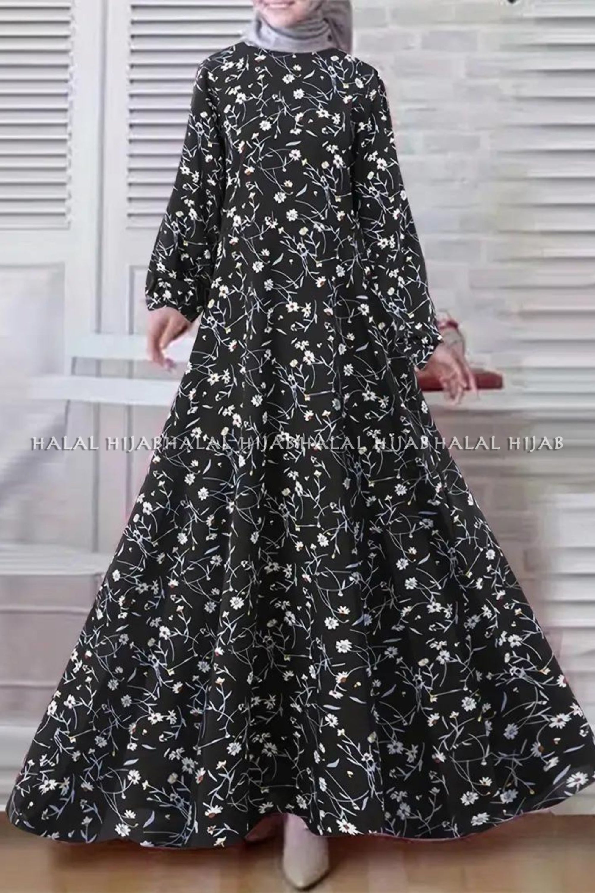 Black Floral Printed Modest Long Dress