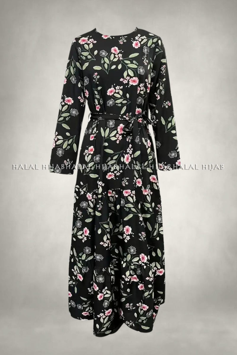 Black Multi Floral Printed Long Dress