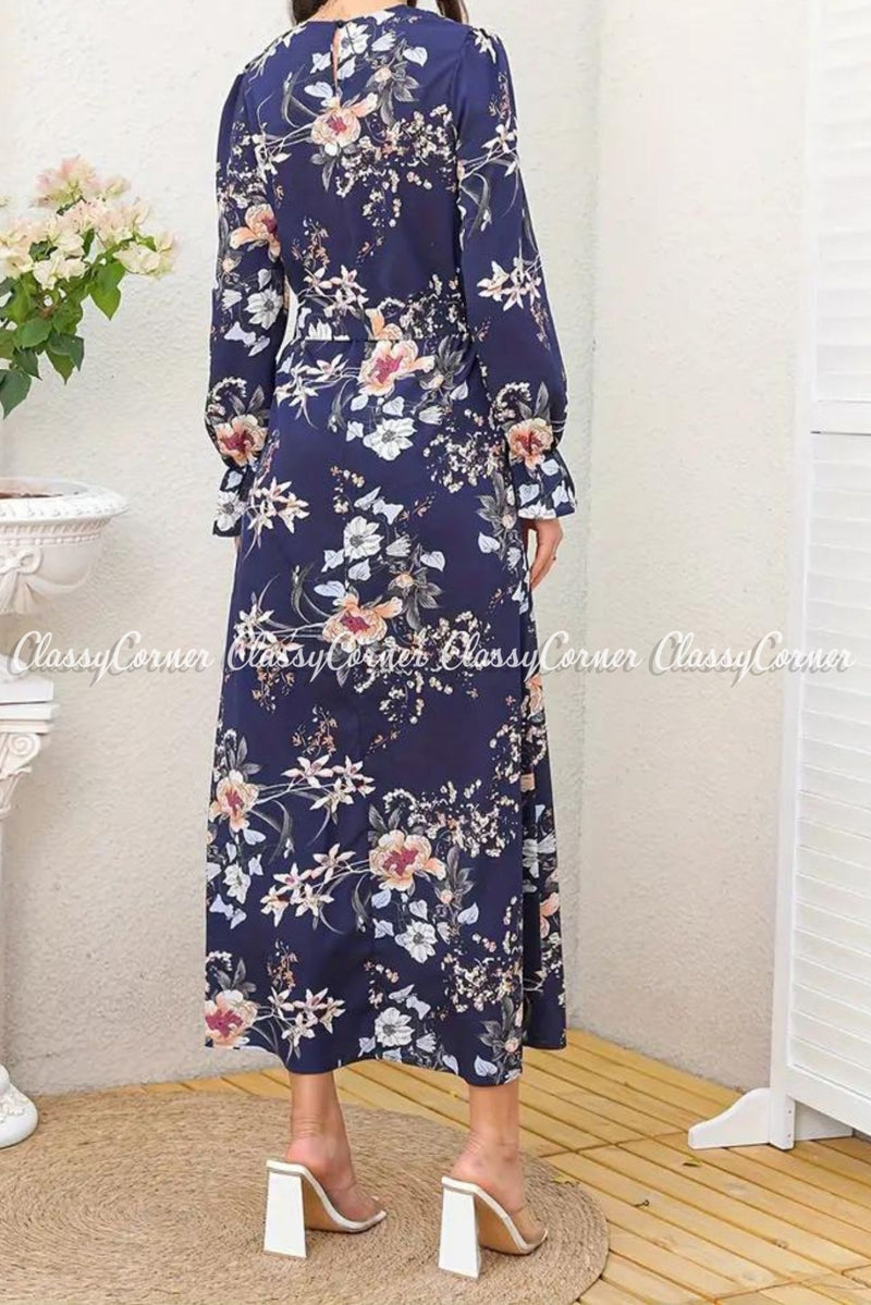 Blue Floral Printed Modest Dress