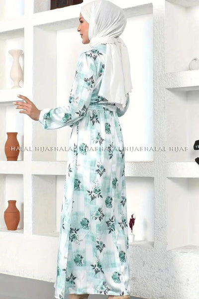 Blue White Floral Printed Modest Dress