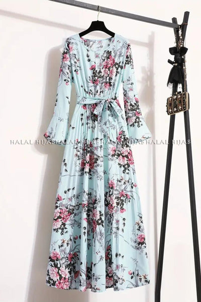 Light Blue Floral Printed Pleated Maxi Dress