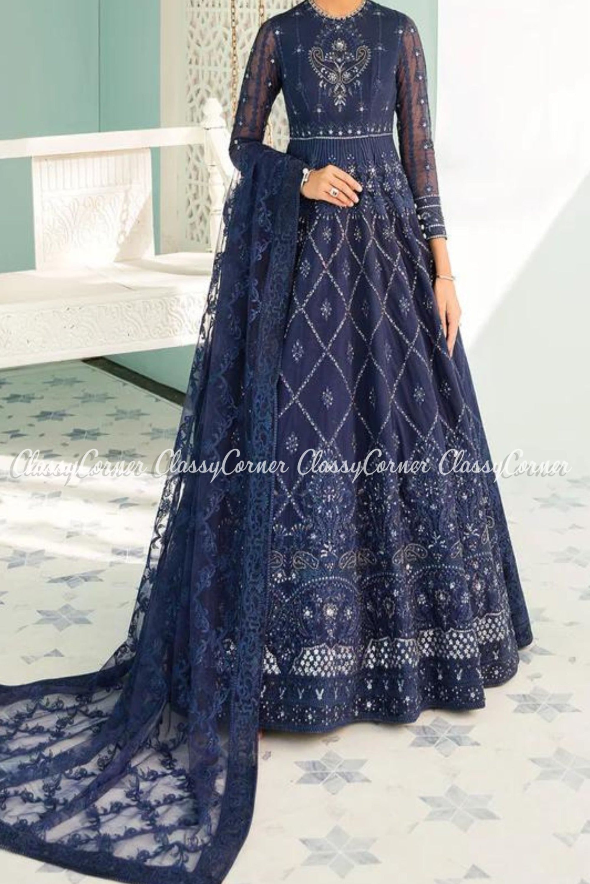 Navy Blue Net Pakistani Wedding Gown