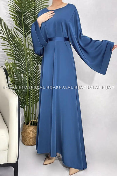Plain Blue Abaya Long Sleeve Satin Abaya