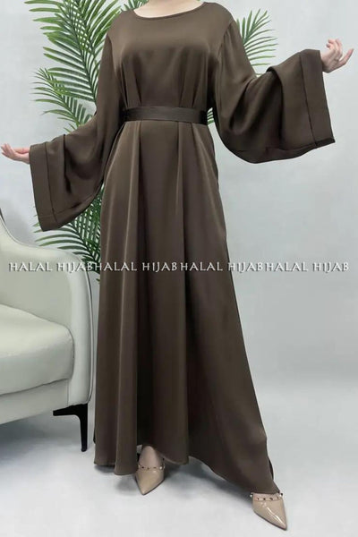Plain Dark Brown Abaya Long Sleeve Satin Abaya
