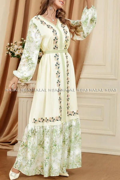Cream Green Floral Printed Long Maxi Dress