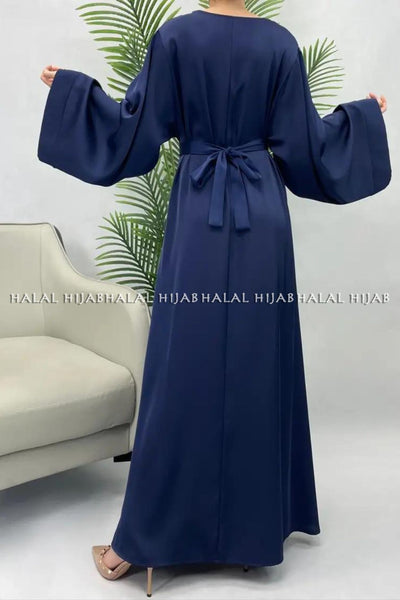 Plain Navy Blue Abaya Long Sleeve Satin Abaya