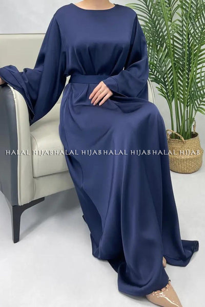 Plain Navy Blue Abaya Long Sleeve Satin Abaya
