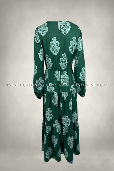 Dark Green Floral Printed Long Dress