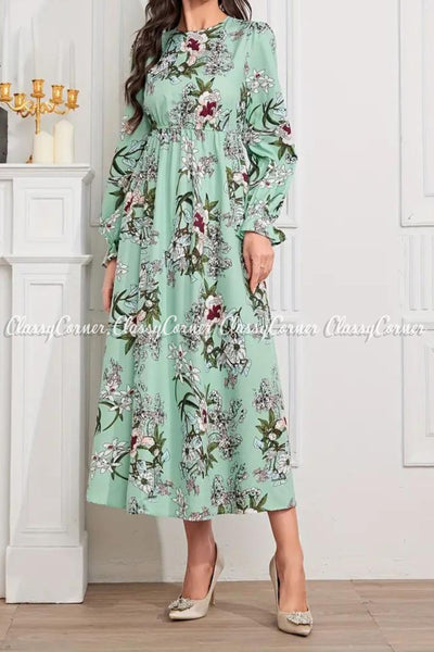 Pastel Green Floral Printed Modest Dress