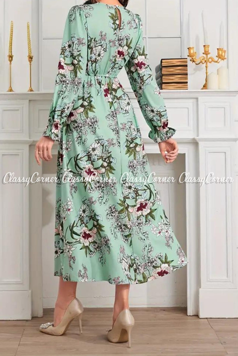 Pastel Green Floral Printed Modest Dress
