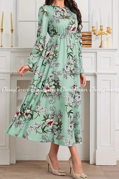 Pastel Green Floral Printed Modest Dress