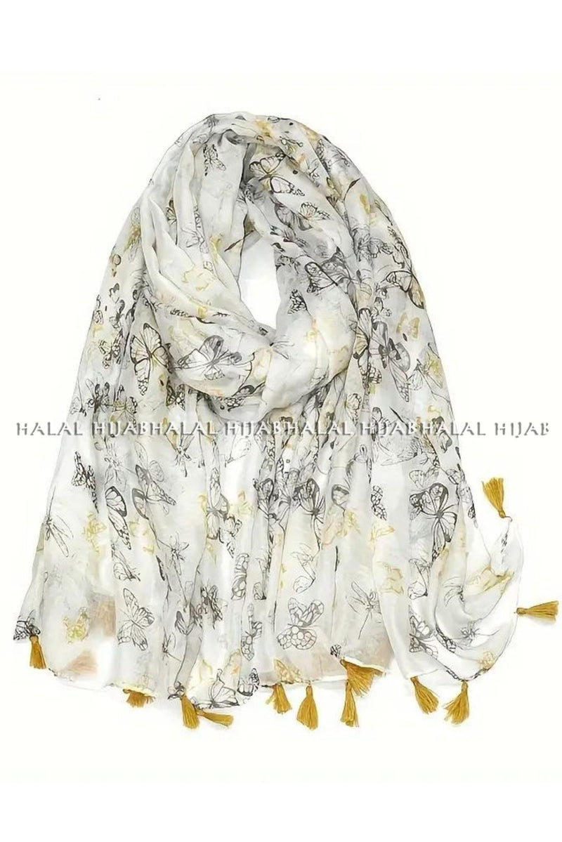 White Grey Floral Print Hijab