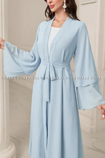 Plain Light Blue Purple Long Sleeve Open Front Abaya