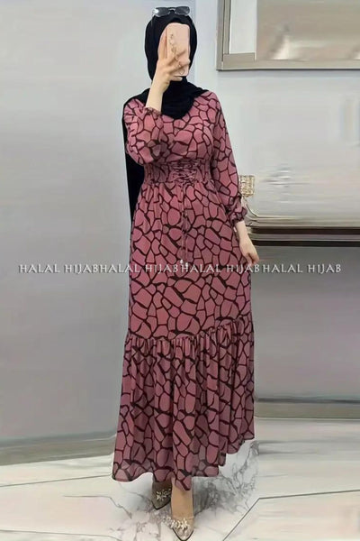Trendy Mauve Black Printed Modest Dress
