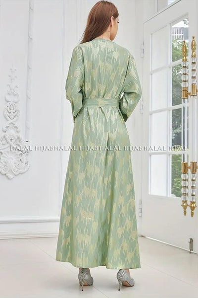 Green Golden Printed Long Belt Style Dress