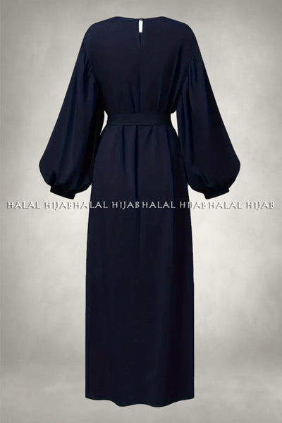 Plain Navy Blue Long Sleeve Belted Abaya