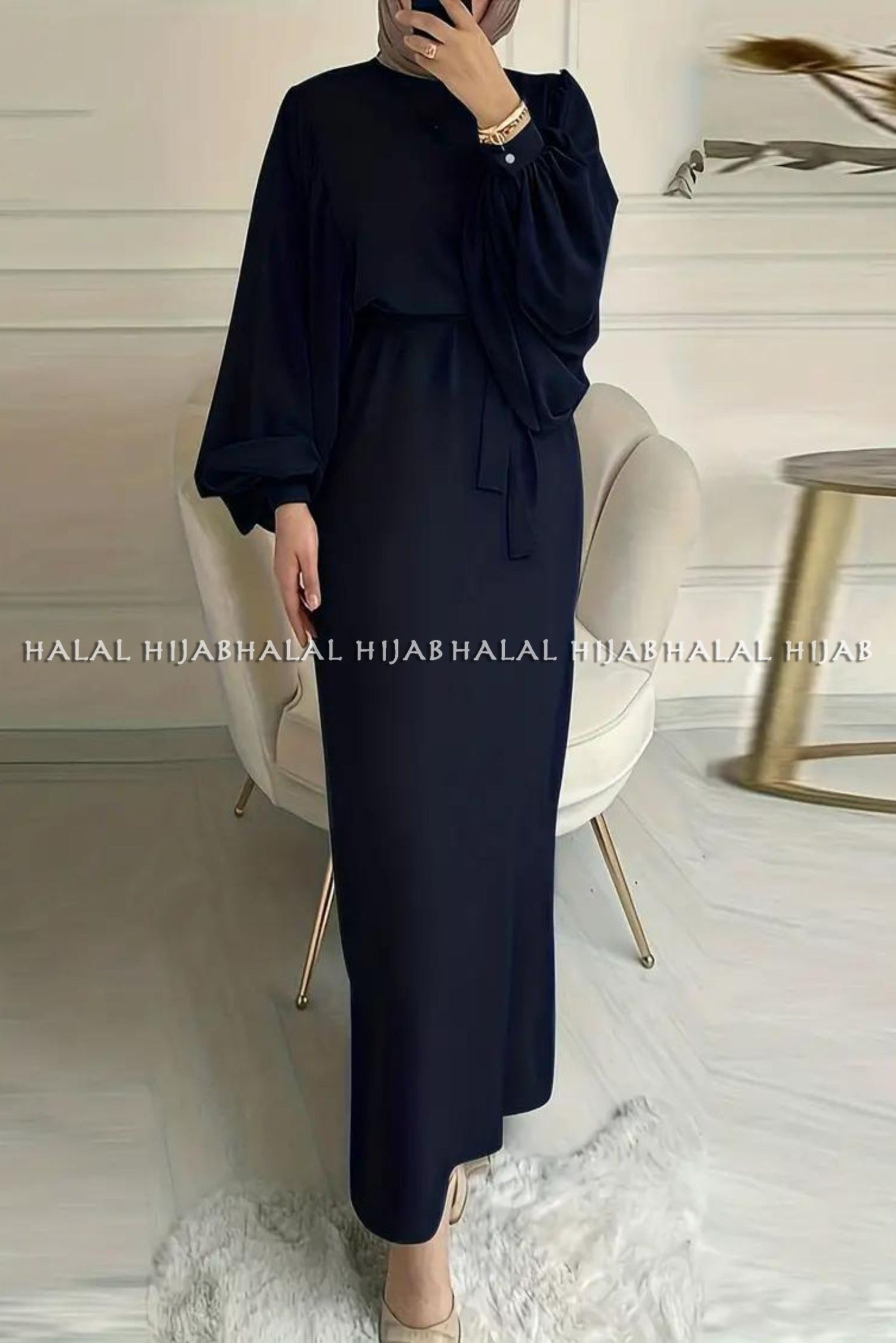 Plain Navy Blue Long Sleeve Belted Abaya