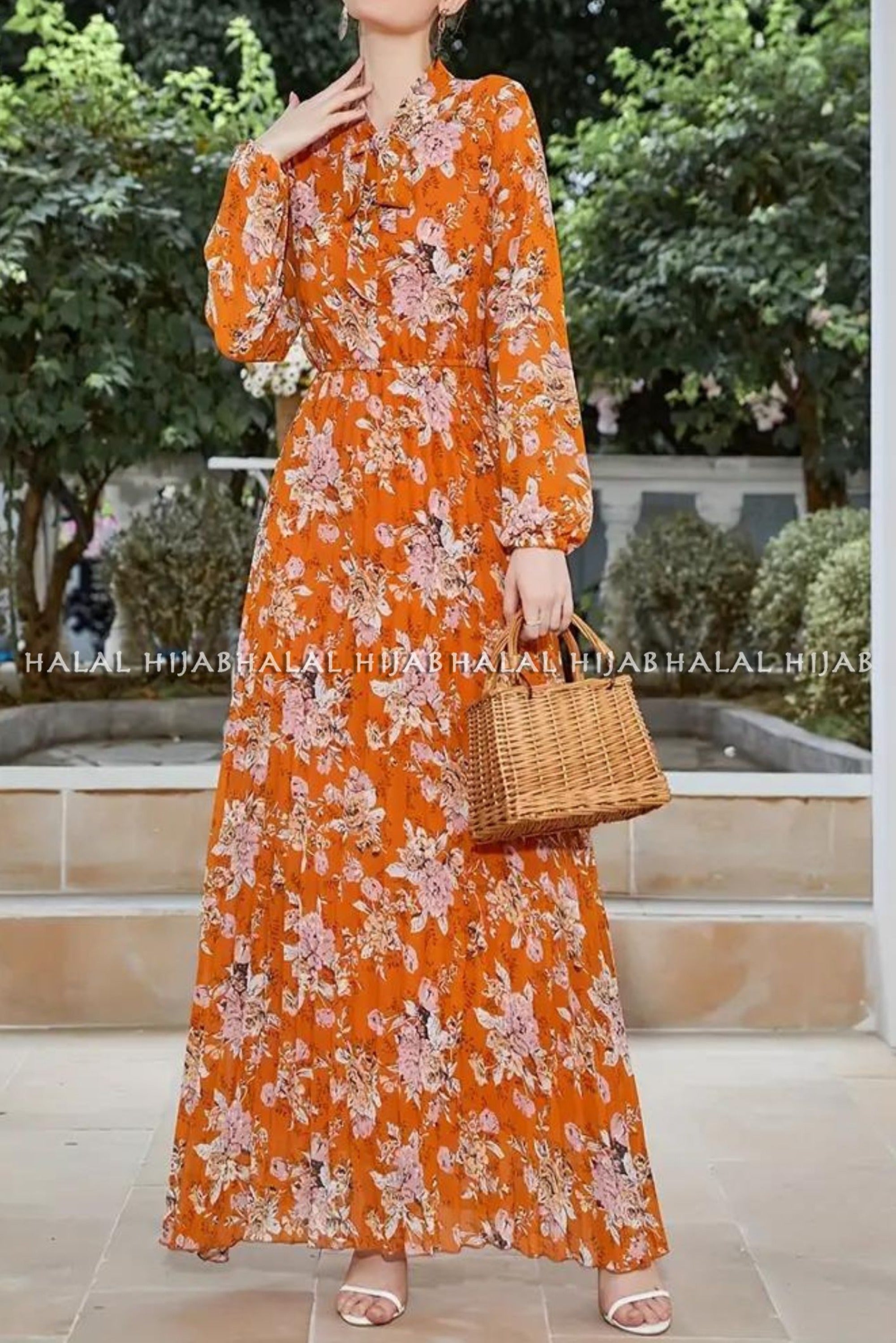 Orange Floral Printed Modest Dress